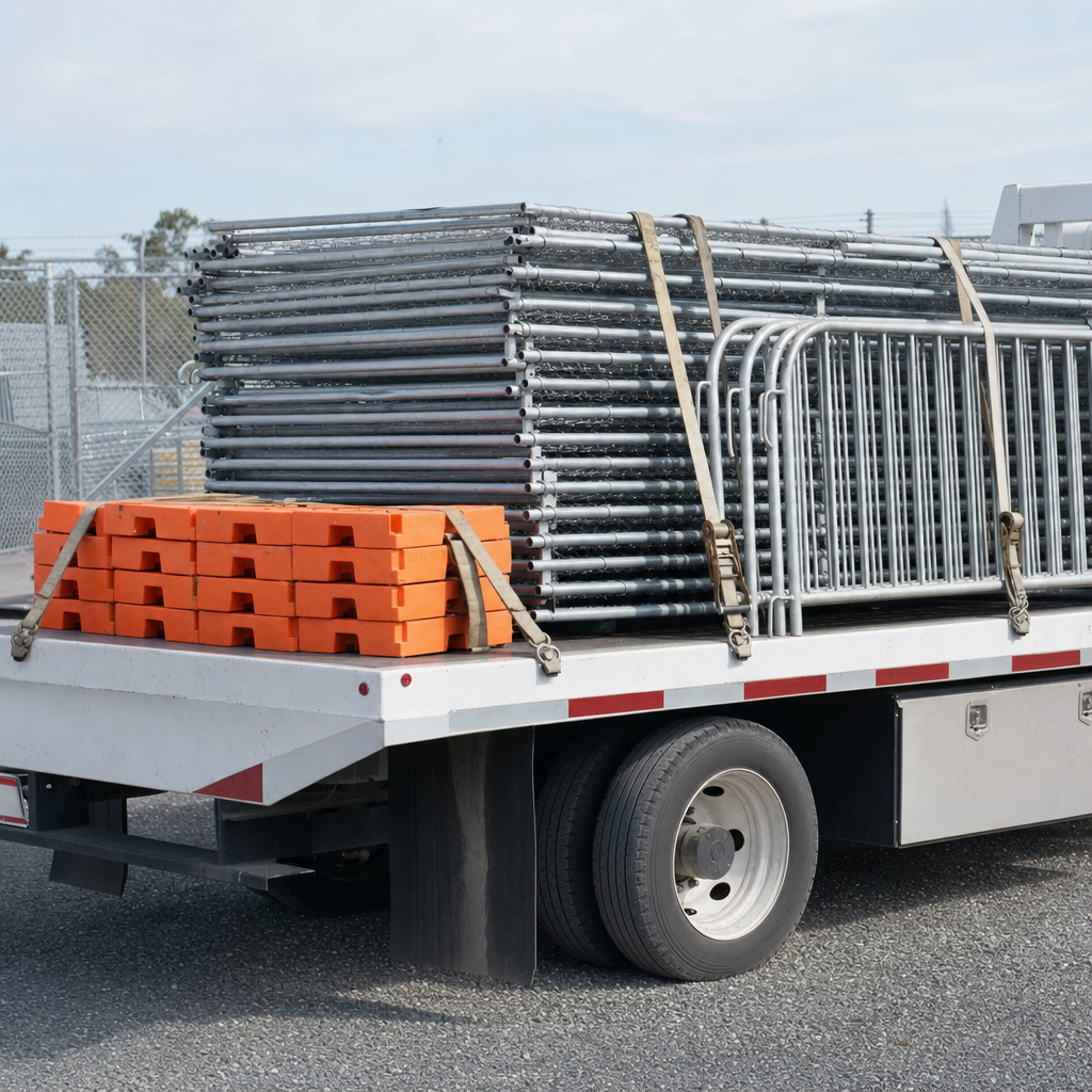 Stacks of galvanized temporary fence panels and steel barricades staged on a flatbed for delivery