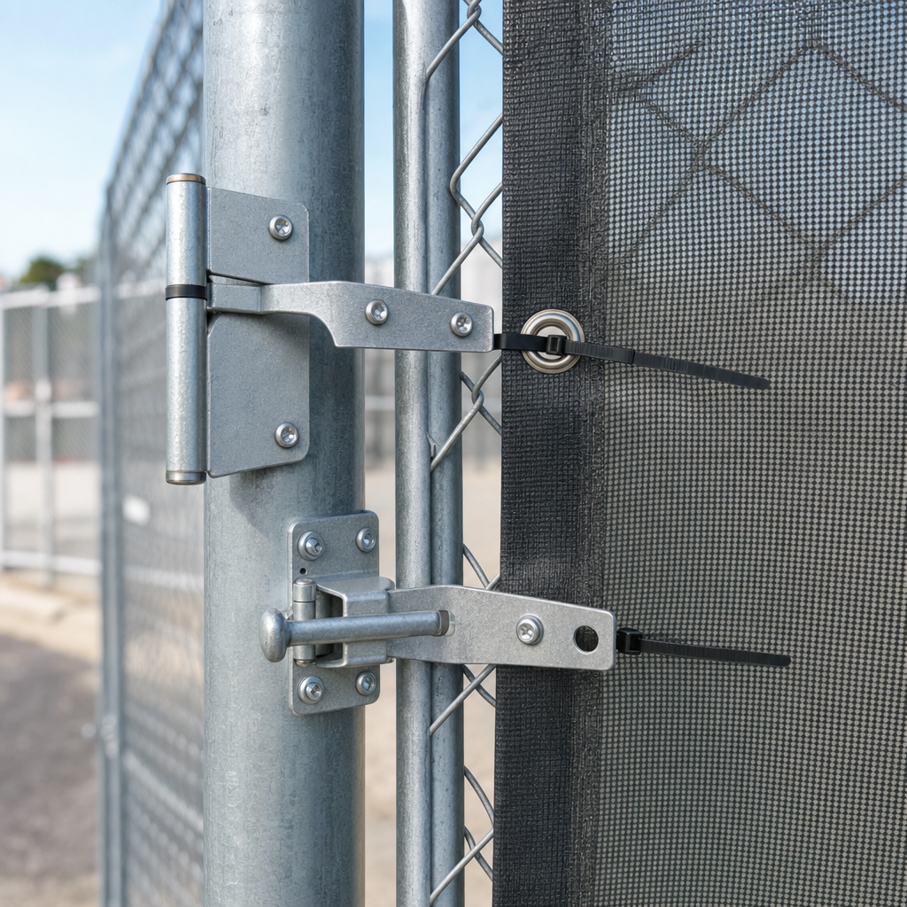 Close-up of a temporary fence gate hinge and a windscreen tie being checked along a chain-link panel